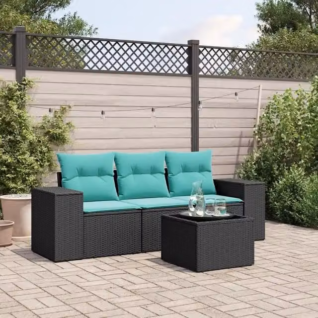 Set da giardino vidaXL in polyrattan nero con cuscini e tavolino da esterno moderno