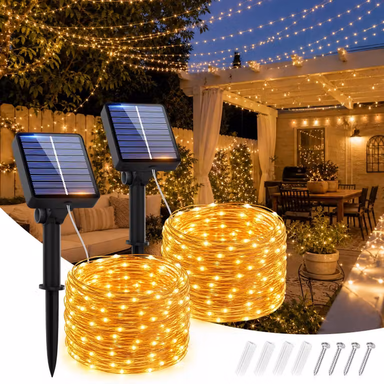 Catena luminosa solare, 34 metri, 450 LED, luce bianca calda, grado di protezione IP65