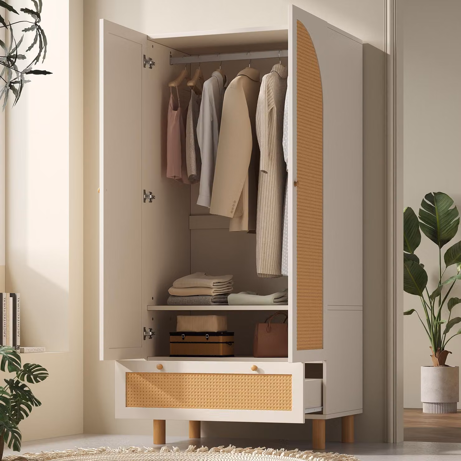 Armadio STILVORA con ante e cassetto in rattan, armadio con ripiani regolabili in altezza e asta appendiabiti, mobile contenitore con protezione antiribaltamento