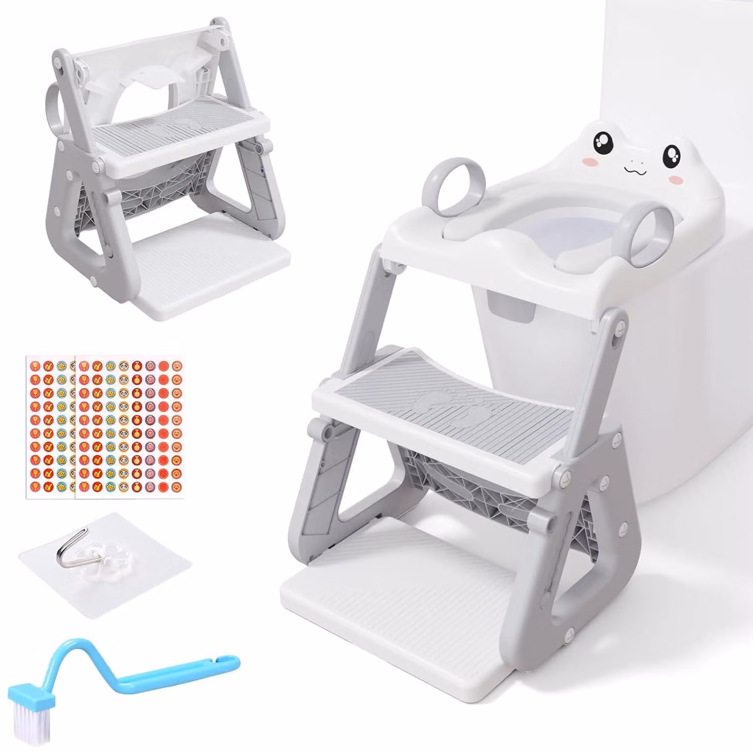 Riduttore per wc per bambini, 3 in 1, antiscivolo, pieghevole, con cuscino in PVC, per bambini piccoli, colore grigio