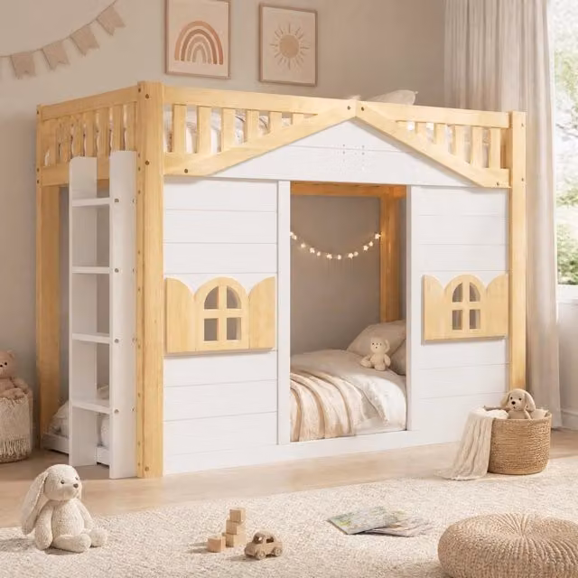Letto a soppalco 90x200 cm in pino e MDF bianco con scala reversibile