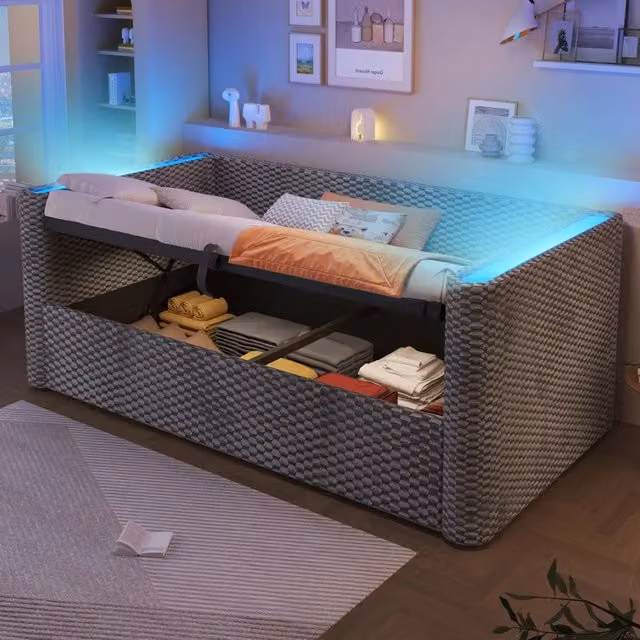 Letto divano singolo 90 × 200 cm con contenitore idraulico e LED multicolore, senza materasso, velluto grigio