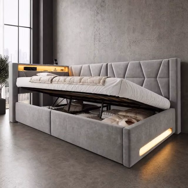 Letto singolo contenitore 90 × 200 cm con LED, USB e porta di tipo C, senza materasso, in velluto grigio scuro