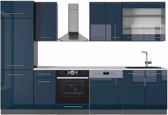 Cucina componibile moderna Vicco Fame-Line Blu scuro lucido e Antracite, L: 300 cm