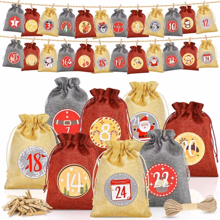 Calendario dell'Avvento grande, da riempire, con 24 sacchetti, design con numeri, dimensioni 18x13 cm, realizzato in iuta