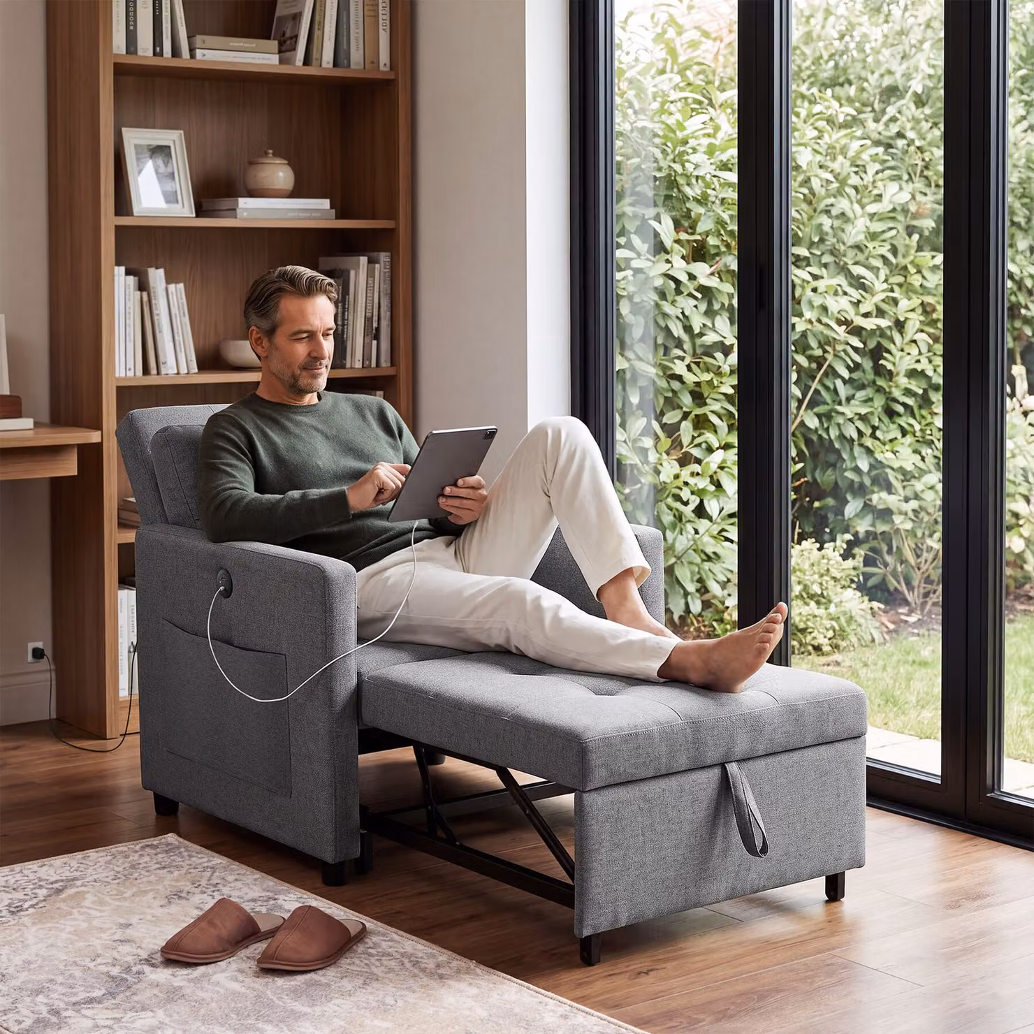 Poltrona letto pieghevole TecTake GmbH grigia con schienale regolabile e braccioli – 1