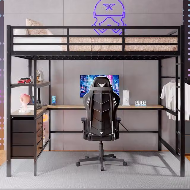 Letto a soppalco 140x200 cm con scrivania; LED; presa e USB; 3 cassetti; struttura in metallo e MDF; nero