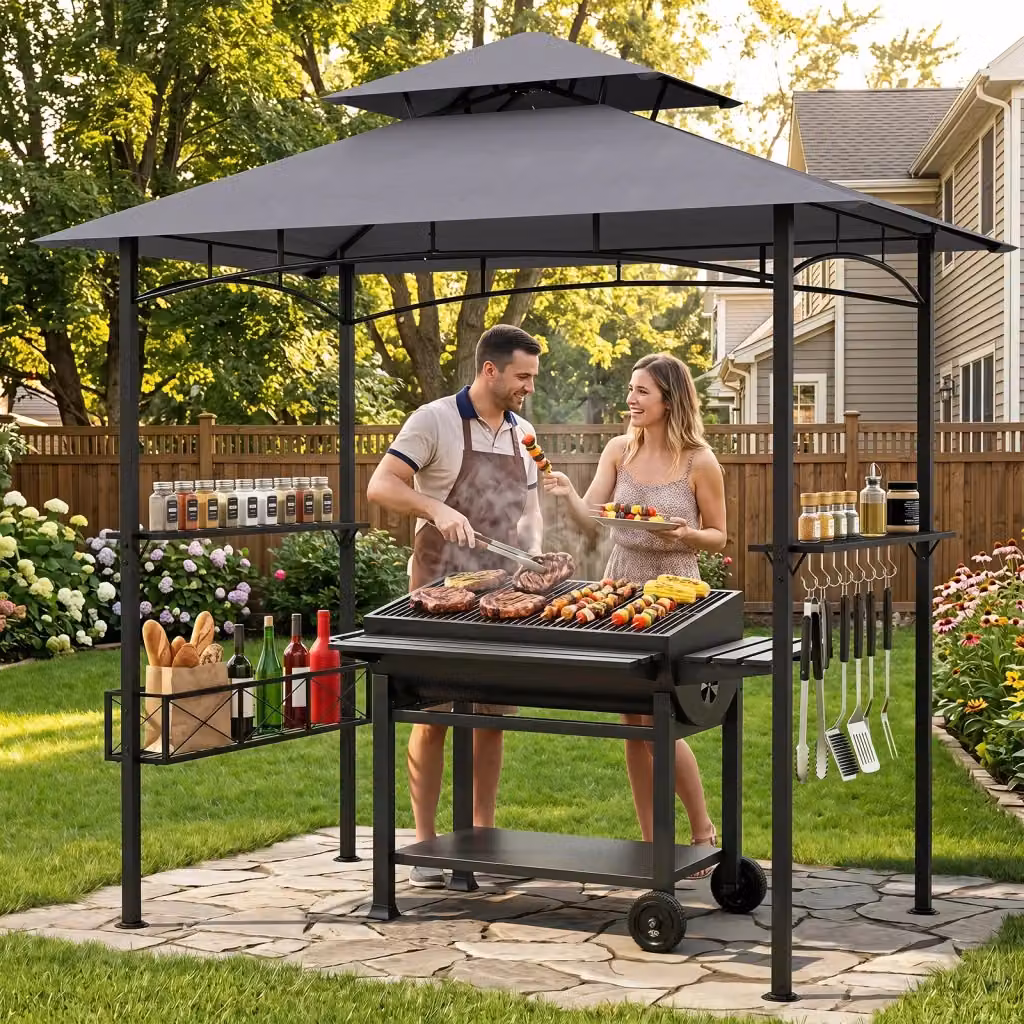 Gazebo da giardino per barbecue con 2 ripiani, cestino portaoggetti e 8 ganci, colore grigio – 2