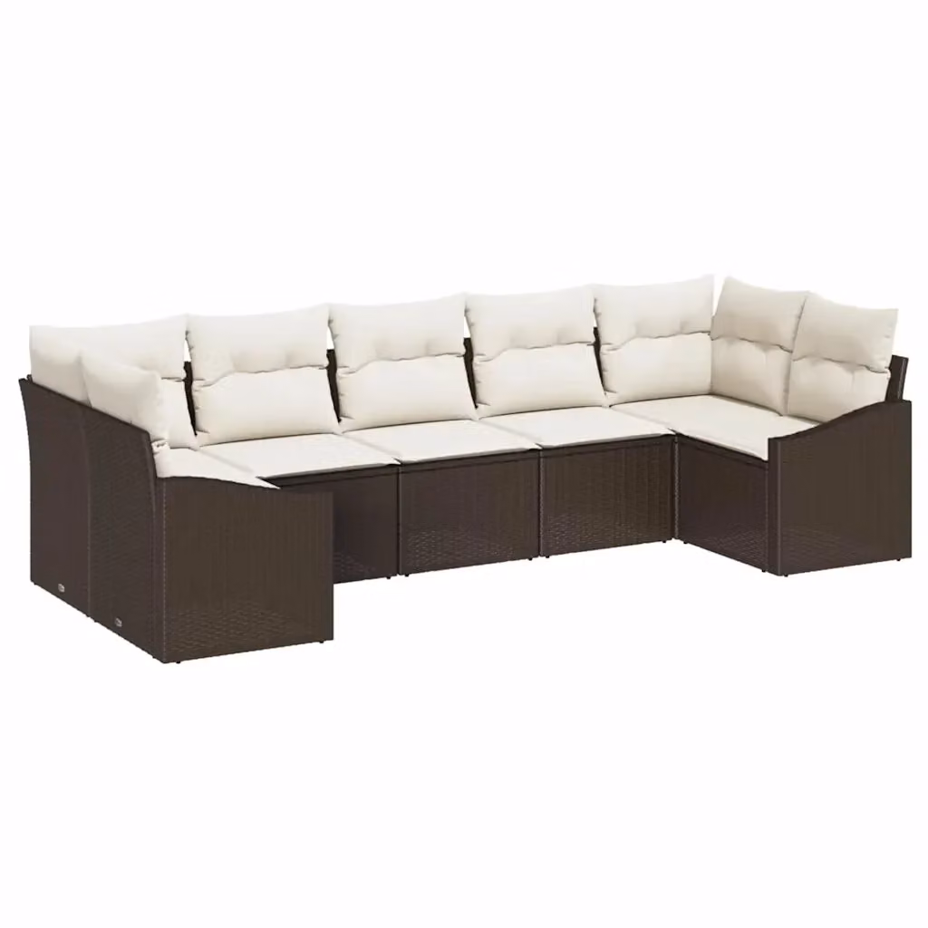 Set di divani da giardino vidaXL a forma di L composto da 7 pezzi in rattan marrone con cuscini beige e tavolino da esterno in vetro – 2