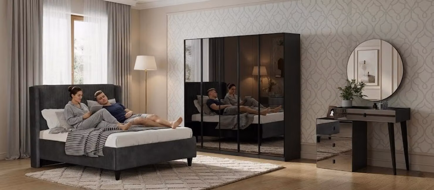 Set da camera da letto: letto, armadio e toeletta in stile moderno, nero