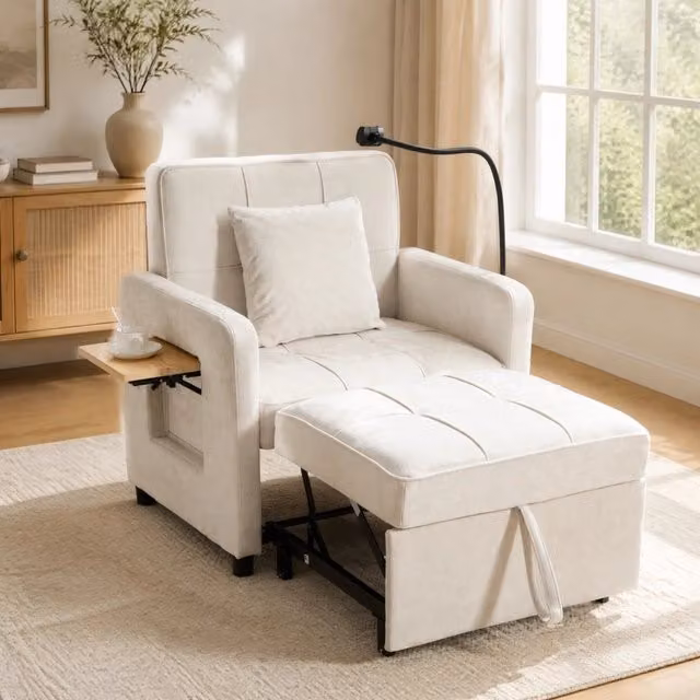Poltrona letto singola due in uno in chenille beige con tavolino laterale e tasca portaoggetti