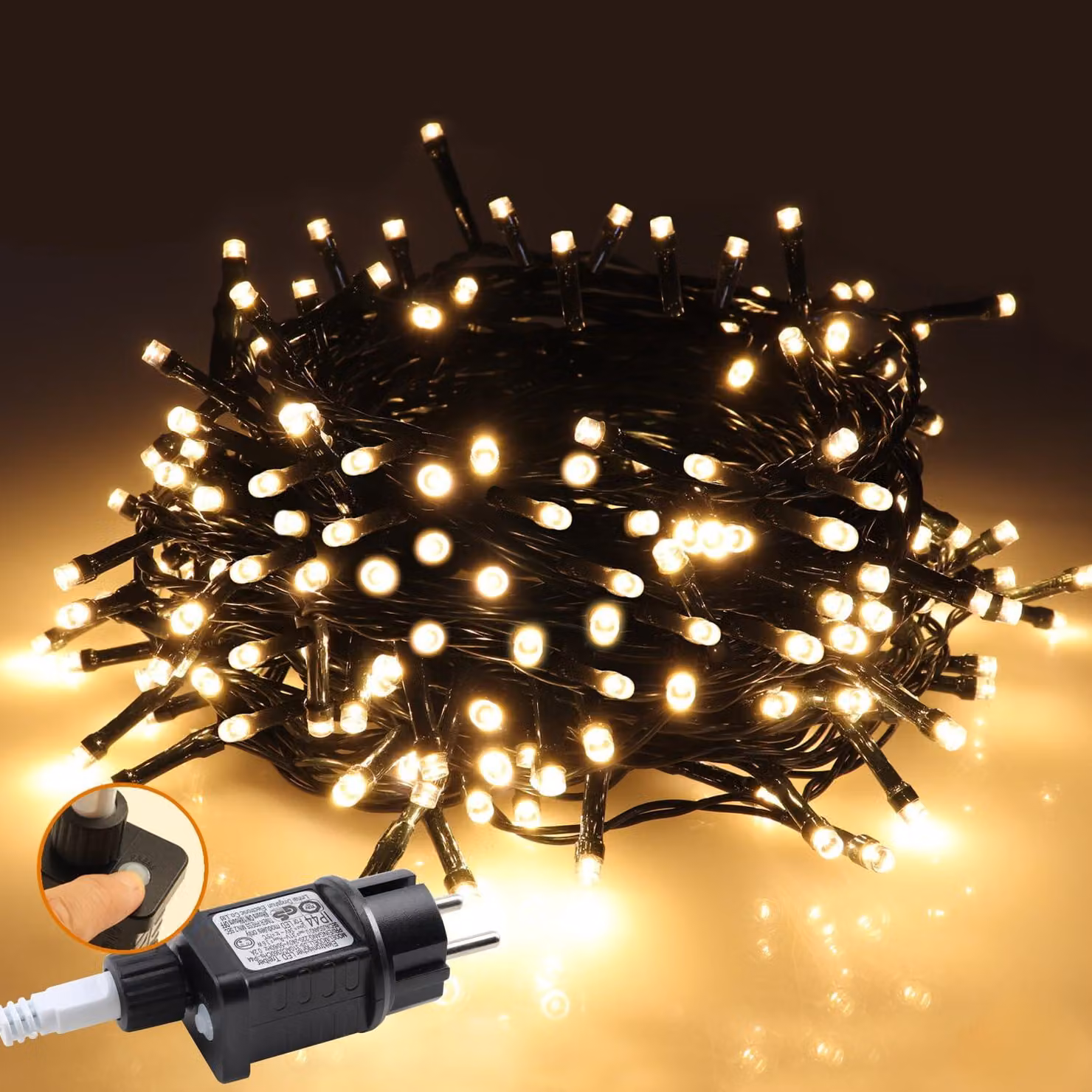 Catena luminosa a LED, 10 metri, 100 LED bianco caldo, grado di protezione IP44, 8 modalità, timer