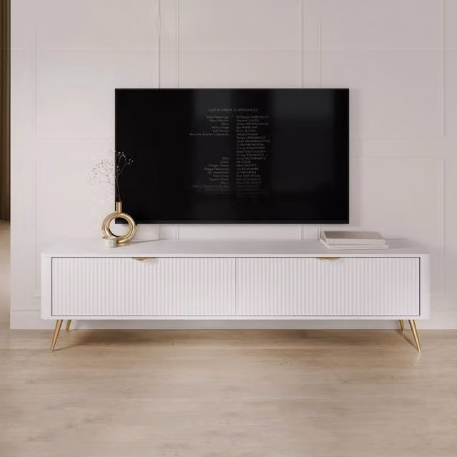 Mobile Porta TV Kala DMORA con 2 Ripiani, Bianco e Oro, L 200 cm x P 38 cm x H 51 cm – 1