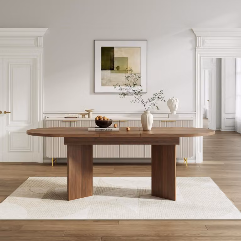 Tavolo da pranzo ovale Flieks Tavolo da cucina con piano allungabile, tavolo da sala da pranzo per 4-8 persone, 120-160x80x75,5 cm, noce