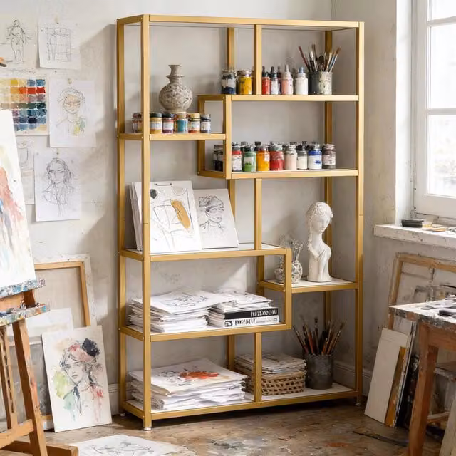 Libreria moderna WISHDOR con 8 ripiani in metallo oro e pannelli effetto marmo bianco, L: 100 cm, P: 20 cm, H: 180 cm – 1
