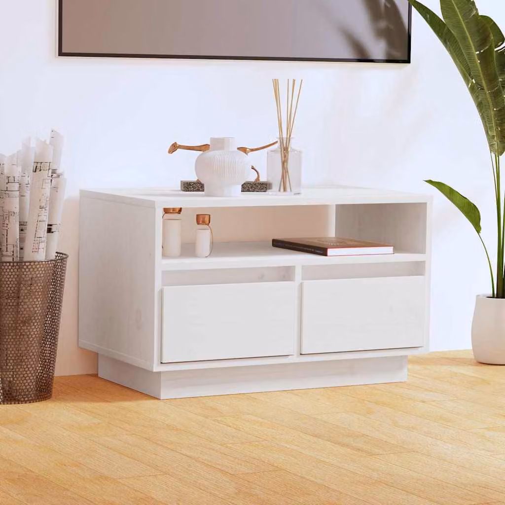 vidaXL Mobile Porta TV Bianco in Legno di Pino Massello L: 60 cm, P: 35 cm, H: 37 cm