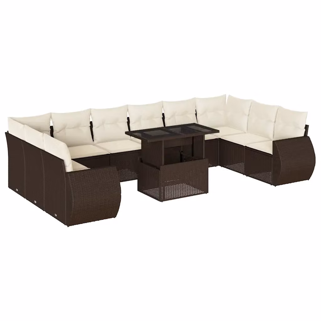 Set di divani da giardino vidaXL in polyrattan marrone e bianco con 11 pezzi, compresi cuscini e tavolino da esterno a forma di U – 2