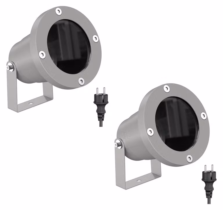 ledscom.de, 2 faretti da giardino DUK per uso esterno, grado di protezione IP65, con spina, colore grigio, 1 attacco GU10 max. 15W – confezione da 2 pezzi (venduti singolarmente)
