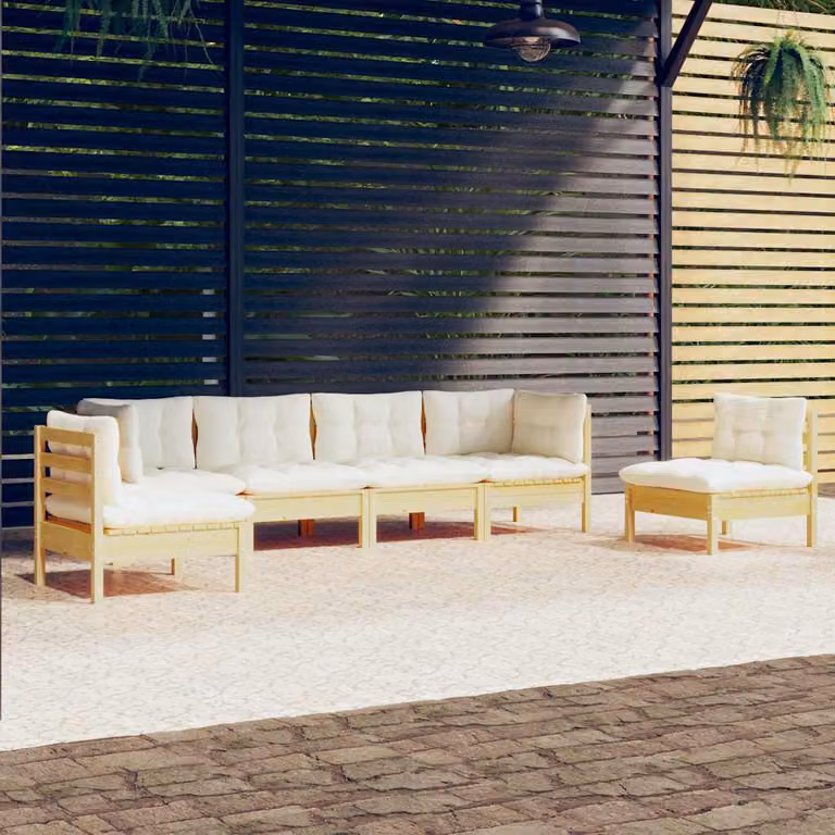Set di divani da giardino vidaXL a forma di L in legno massello di pino con cuscini beige e bianchi per 6 persone