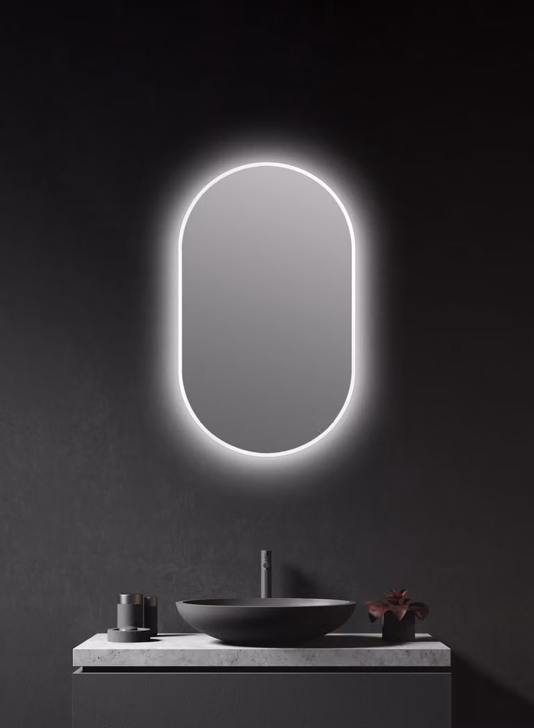 Specchio a LED ovale da parete, 45x75 cm, bianco, con cornice in alluminio