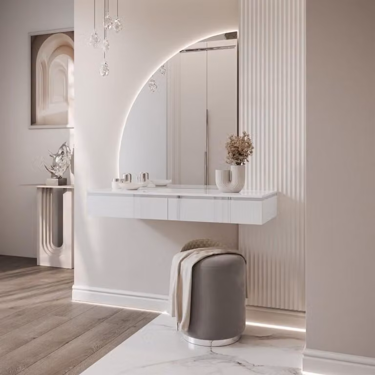 Tavolo da toeletta sospeso AURORA-Q SILVER con specchio bianco lucido