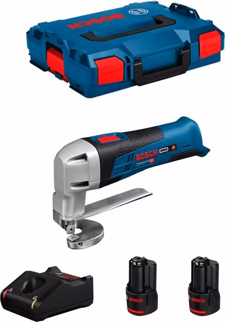 Cesoia per metallo Bosch GSC 12V-13 blu con 2 batterie da 2,0 Ah, caricabatterie GAL12V-40 e L-Boxx 102