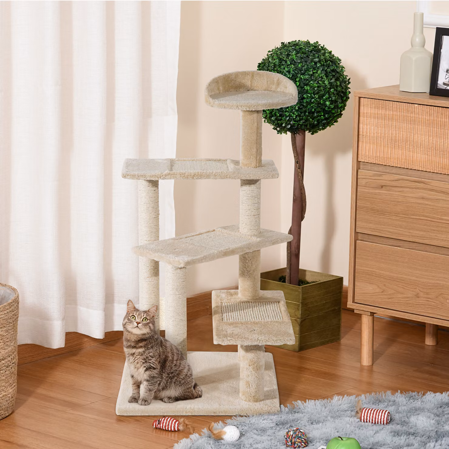 Albero per gatti PawHut con tiragraffi in sisal, piattaforme e cuccia in peluche beige, L/P/H: 50 x 50 x 100 cm – 2