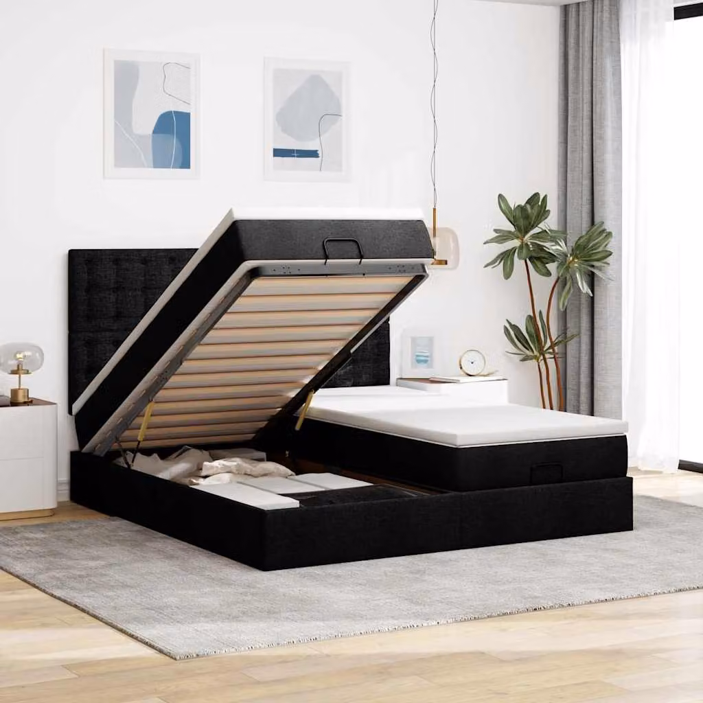 Letto con contenitore e pouf vidaXL in tessuto nero con base a sollevamento, illuminazione sottostante e porta USB, L/P/H: 180 x 200 x 128 cm