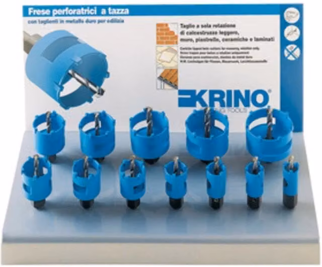 Espositore per frese da edilizia Krino in vetro blu, confezione da 12 pezzi, D 22 x 65 mm