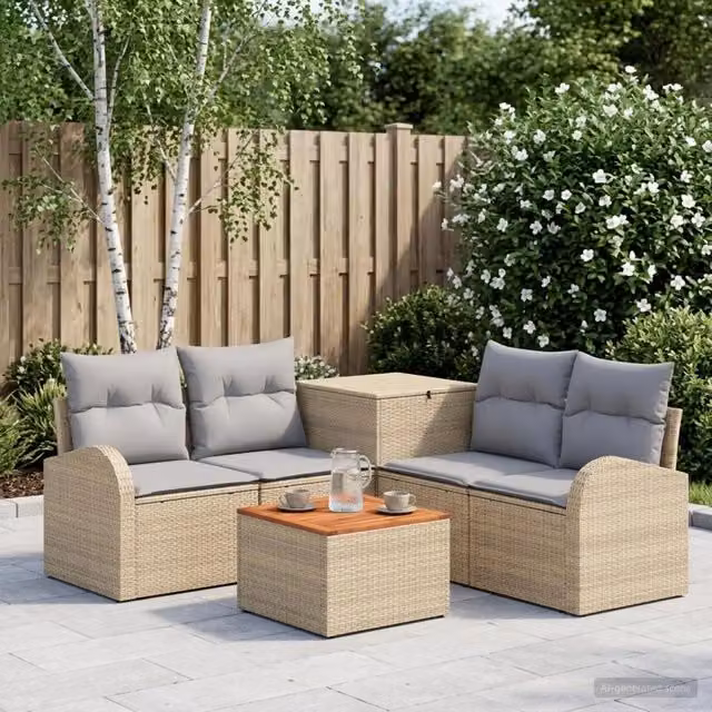 Set di mobili da giardino vidaXL composto da 6 pezzi con divano angolare, tavolino e pouf in stile moderno, colori beige e grigio – 1