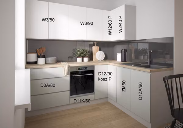 Mobile cucina a L FLORENCE 230x210cm segnale frontale grigio papiro bianco opaco HETTICH guida a estrazione totale