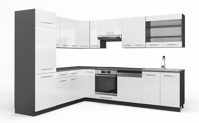 Cucina angolare moderna Fame-Line Vicco Bianco lucido e Antracite L: 287 cm, P: 60 cm, H: 206,8 cm