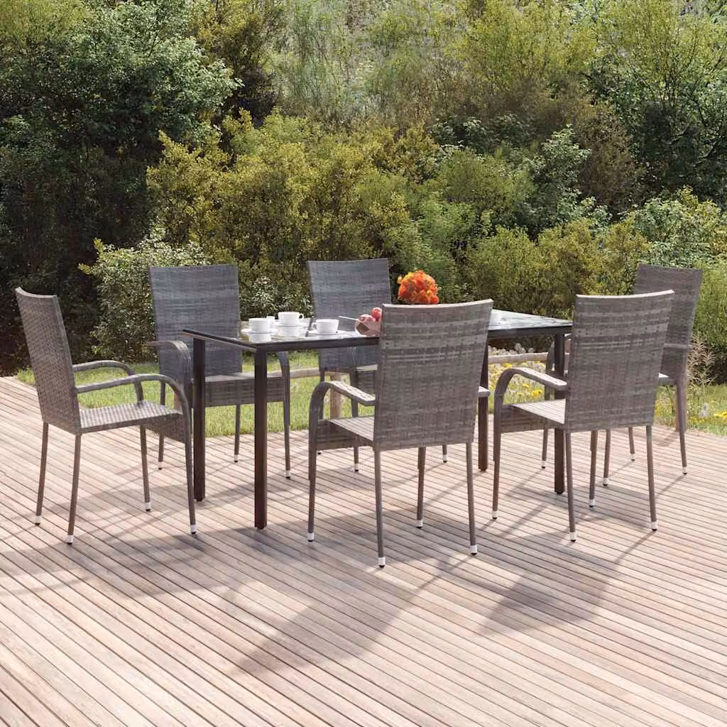 Set da pranzo da giardino vidaXL in polyrattan grigio e nero con tavolo in vetro, 7 pezzi