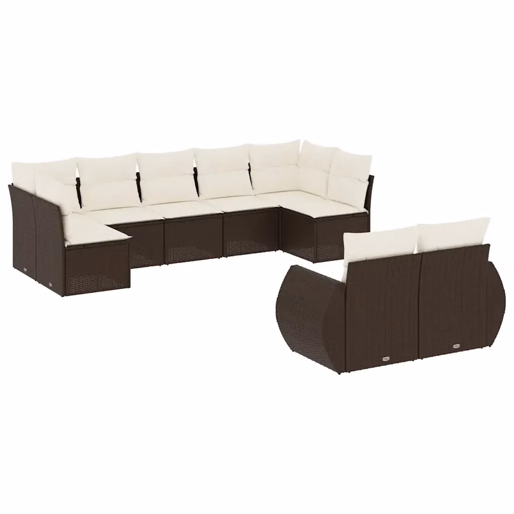 vidaXL Set Divani da Giardino a L 9 Pezzi in Polyrattan Marrone con Cuscini Bianchi – 2