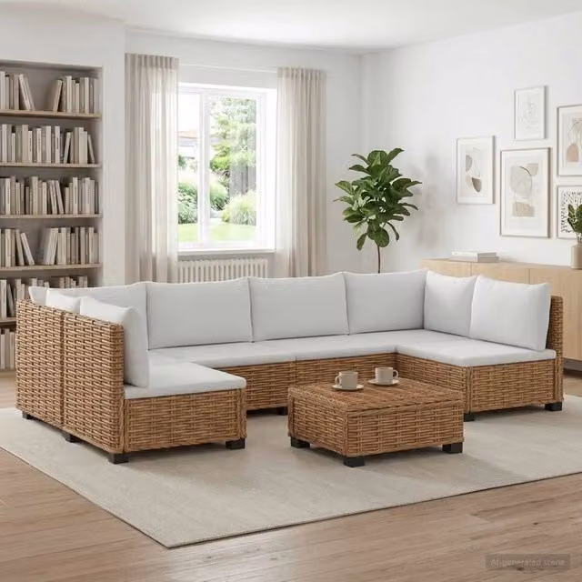 Set Lounge da Giardino vidaXL in Rattan e Legno con Cuscini Imbottiti, 7 Pezzi, Colore Beige – 1