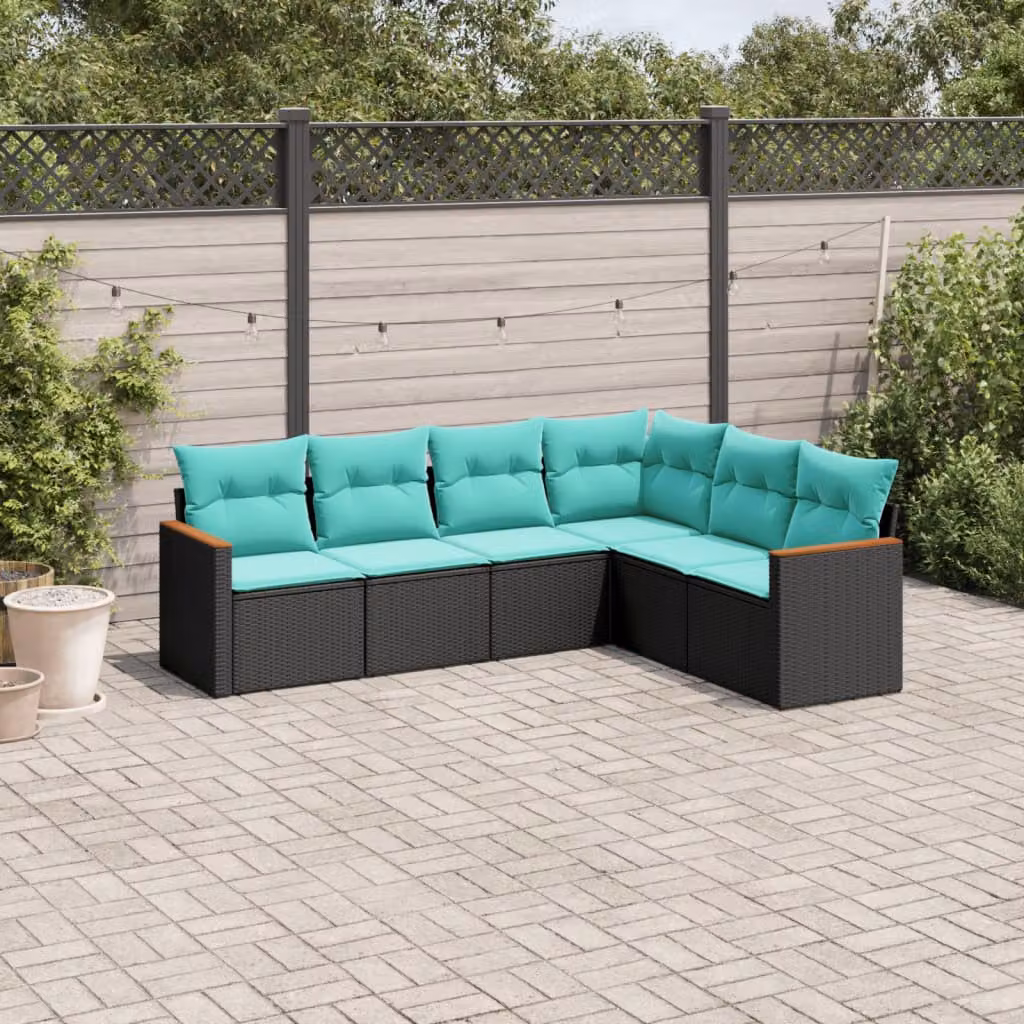 Set di divani da giardino vidaXL 6 pz a forma di L con cuscini, struttura in metallo e rattan, colore nero, blu o turchese