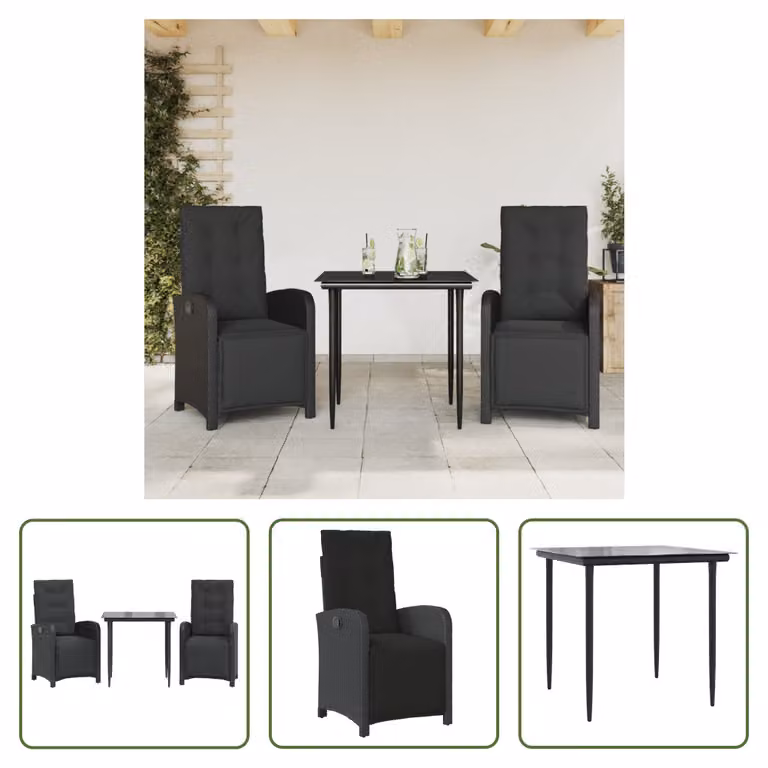The Living Store Set bistrot 3 pezzi con cuscini in poly rattan nero