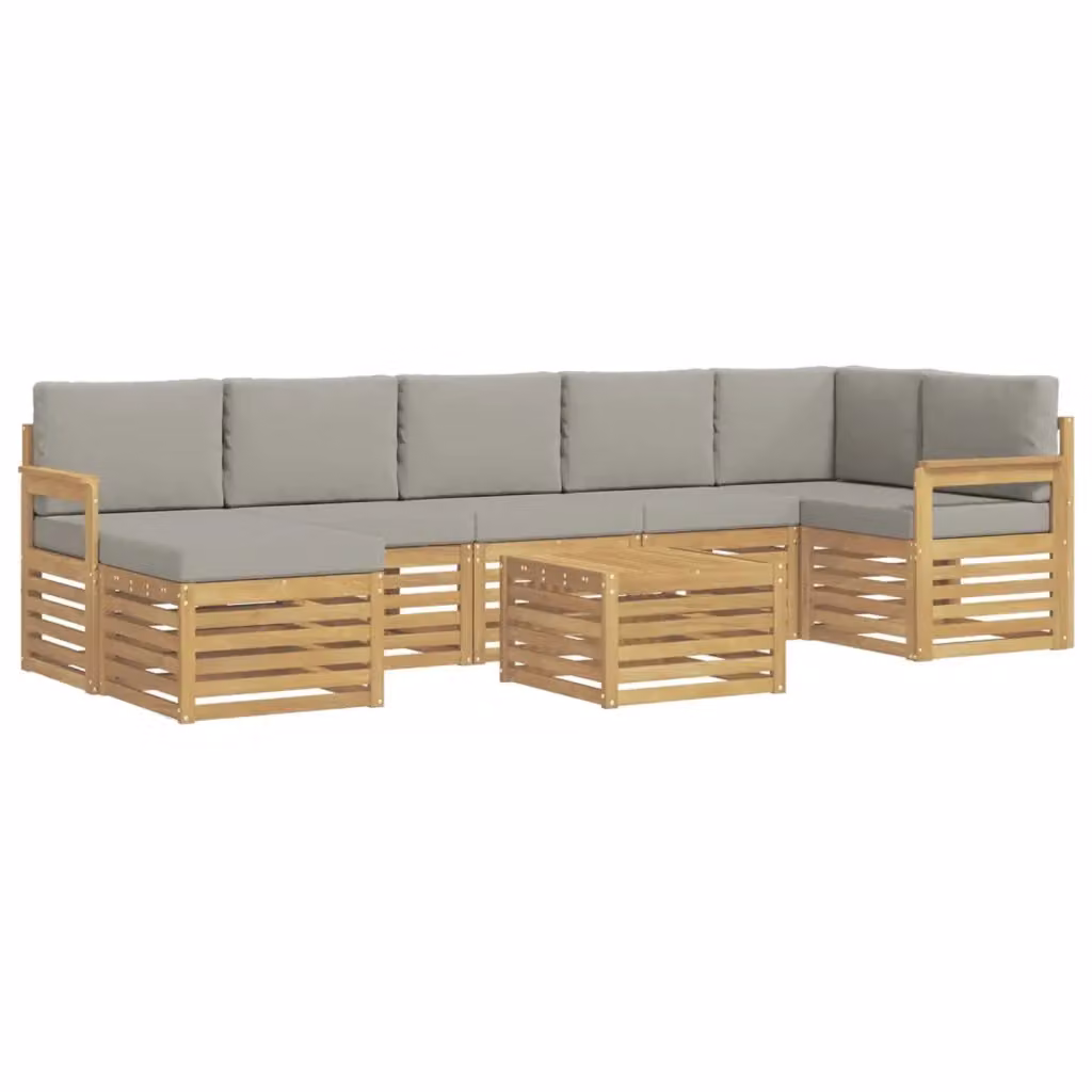 Set di divani da esterno a L vidaXL in legno di acacia con tavolino e pouf, 7 pezzi, Bianco e Grigio – 2