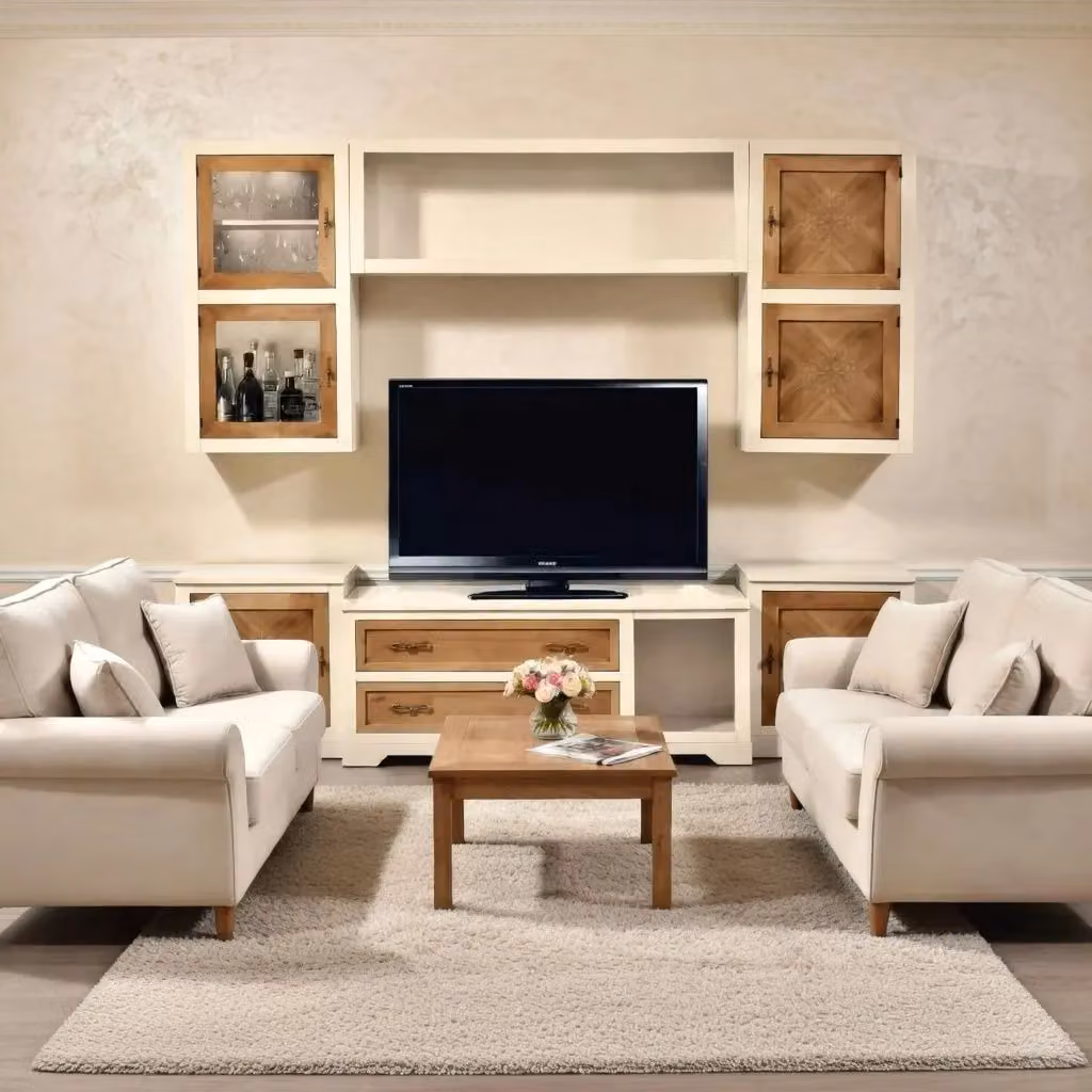 Parete attrezzata Mobili 2G in legno bianco e marrone con ante a battente e mensole aperte L: 260 cm, P: 65 cm – 4