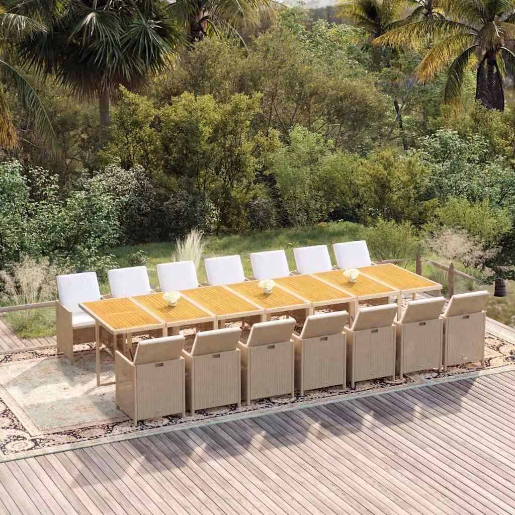 Set da pranzo da giardino vidaXL in polyrattan e legno di acacia con 15 pezzi e cuscini beige e bianchi