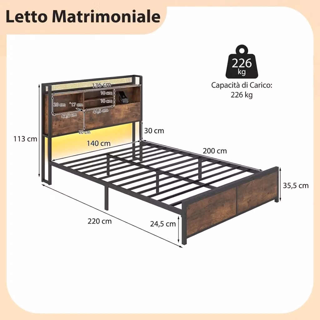Letto a Piattaforma in Metallo COSTWAY con Testiera Contenitore, Ripiani Laterali e Porta USB, Stile Industriale, L/P/H: 140 x 200 x 143 cm, Colore Nero/Marrone – 2