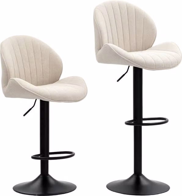 Set di 2 sgabelli da bar HOMCOM a conchiglia con poggiapiedi in tessuto effetto ciniglia, Nero e Beige, L 48 cm x P 50 cm x H 94-115 cm