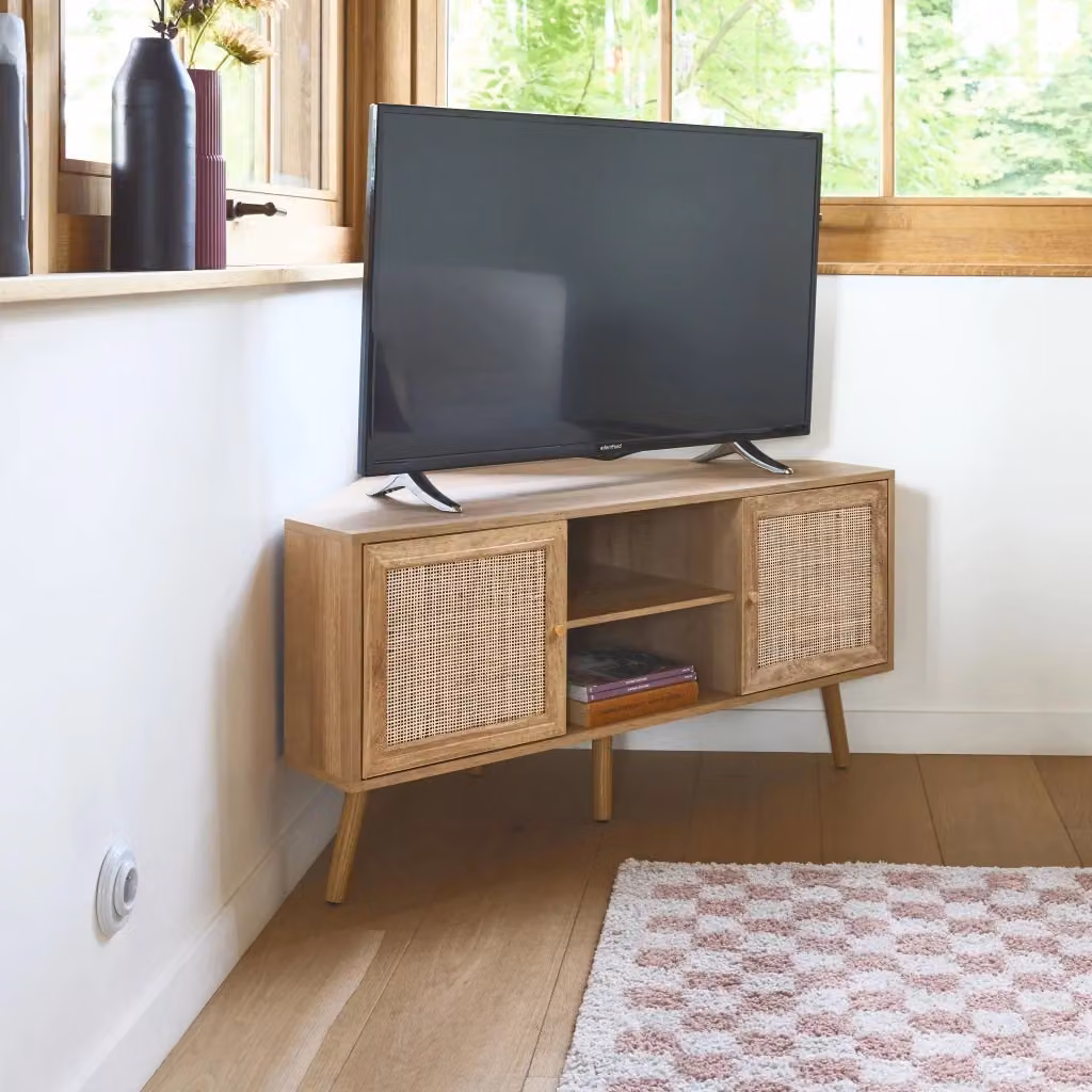 Mobile TV Sweeek in legno e canna di rattan in stile retro, marrone naturale, L: 115 cm, P: 55 cm, H: 56 cm – 2
