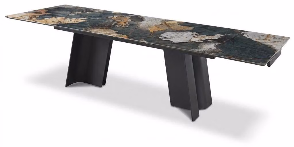 Tavolo da pranzo in Vetroceramica, design moderno, aspetto marmorizzato, struttura in metallo nero
