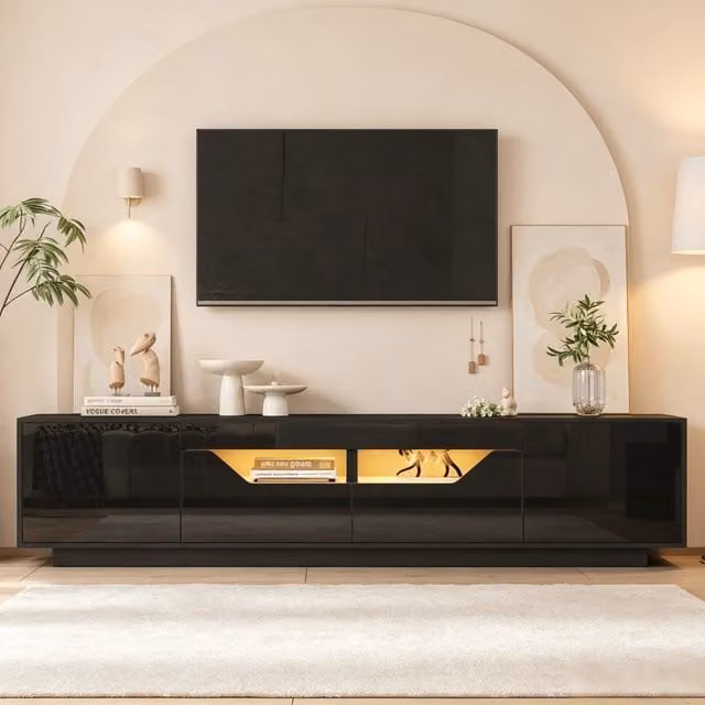 Mobile TV con LED, 2 cassetti, 2 ante e 2 vani semiaperti, frontale lucido, per soggiorno, nero, 180 × 40 × 45 cm
