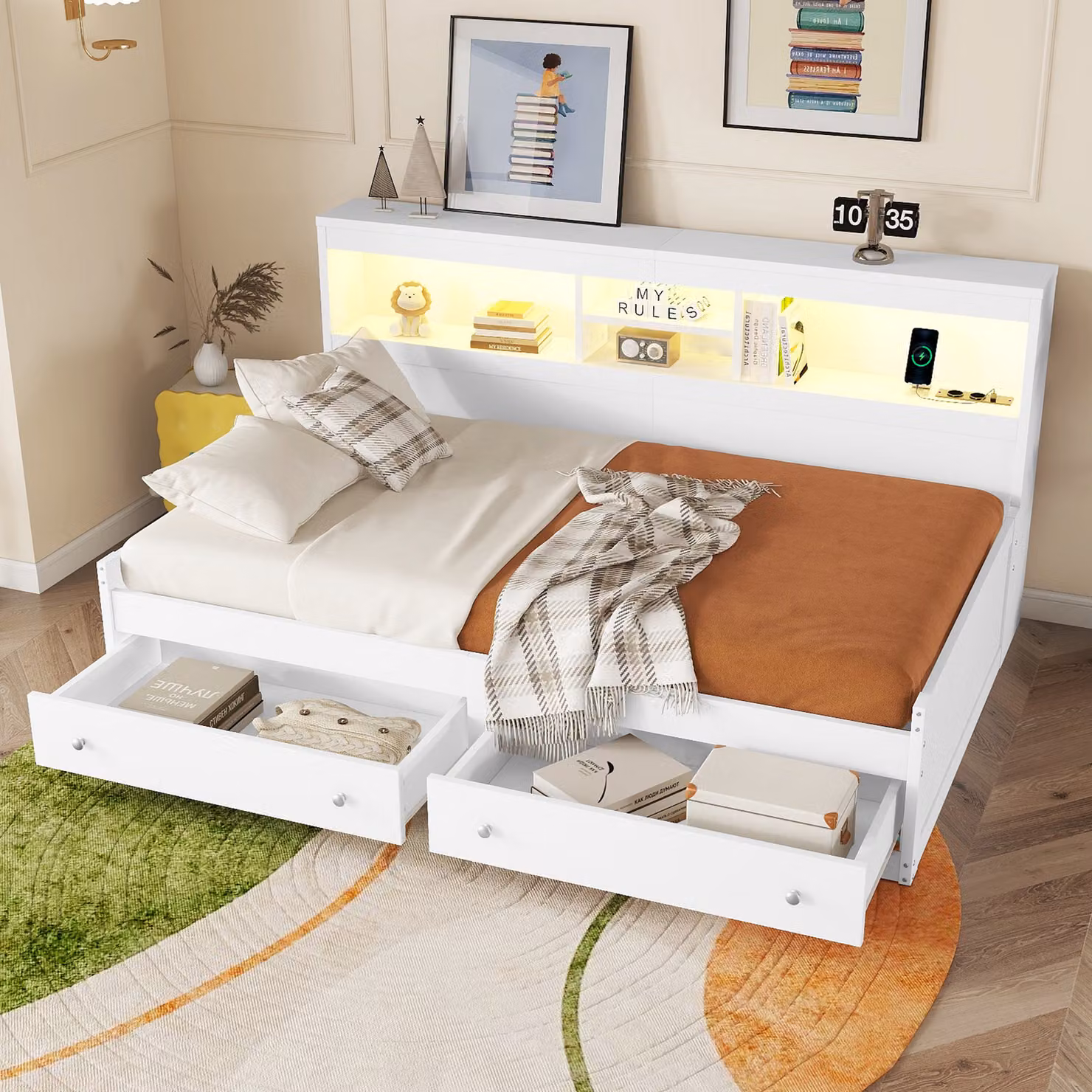 okwish Divano pieghevole, letto da giorno 90x200 cm con griglia, letto per bambini con 2 porte USB e 2 porte di ricarica, con illuminazione ambientale (senza materasso) - bianco