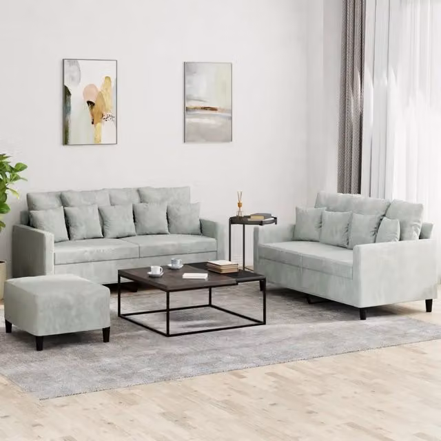Set di 3 divani vidaXL in velluto grigio con cuscini per soggiorno in stile moderno – 1