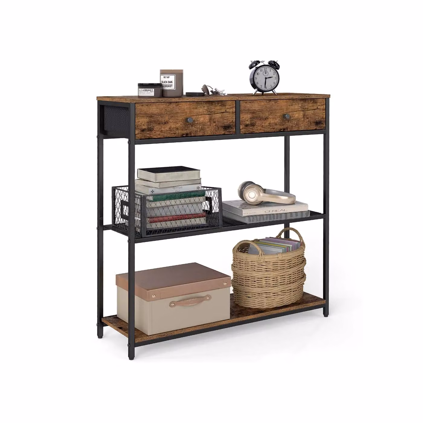 Consolle da ingresso con cassetti in tessuto e ripiani multipli, Marrone Vintage + Nero Inchiostro