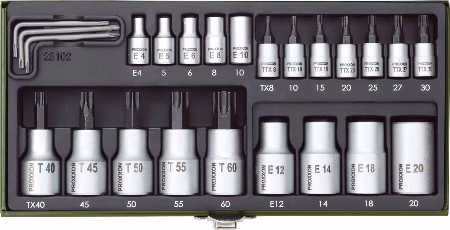 Proxxon Steckschlüsselsatz Torx 23-tlg. 1/4+1/2" Ratschenkasten, Knarrenkasten
