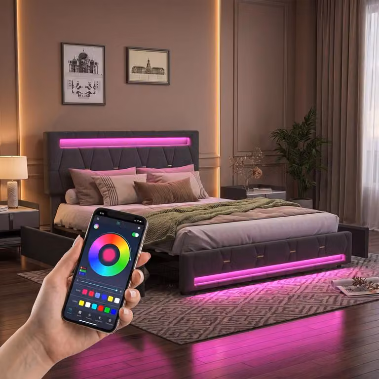 Letto matrimoniale ProximaX 160x200 cm, tessuto in lino grigio, 4 cassetti, illuminazione a LED RGB, stazione di ricarica UE, testiera regolabile in altezza